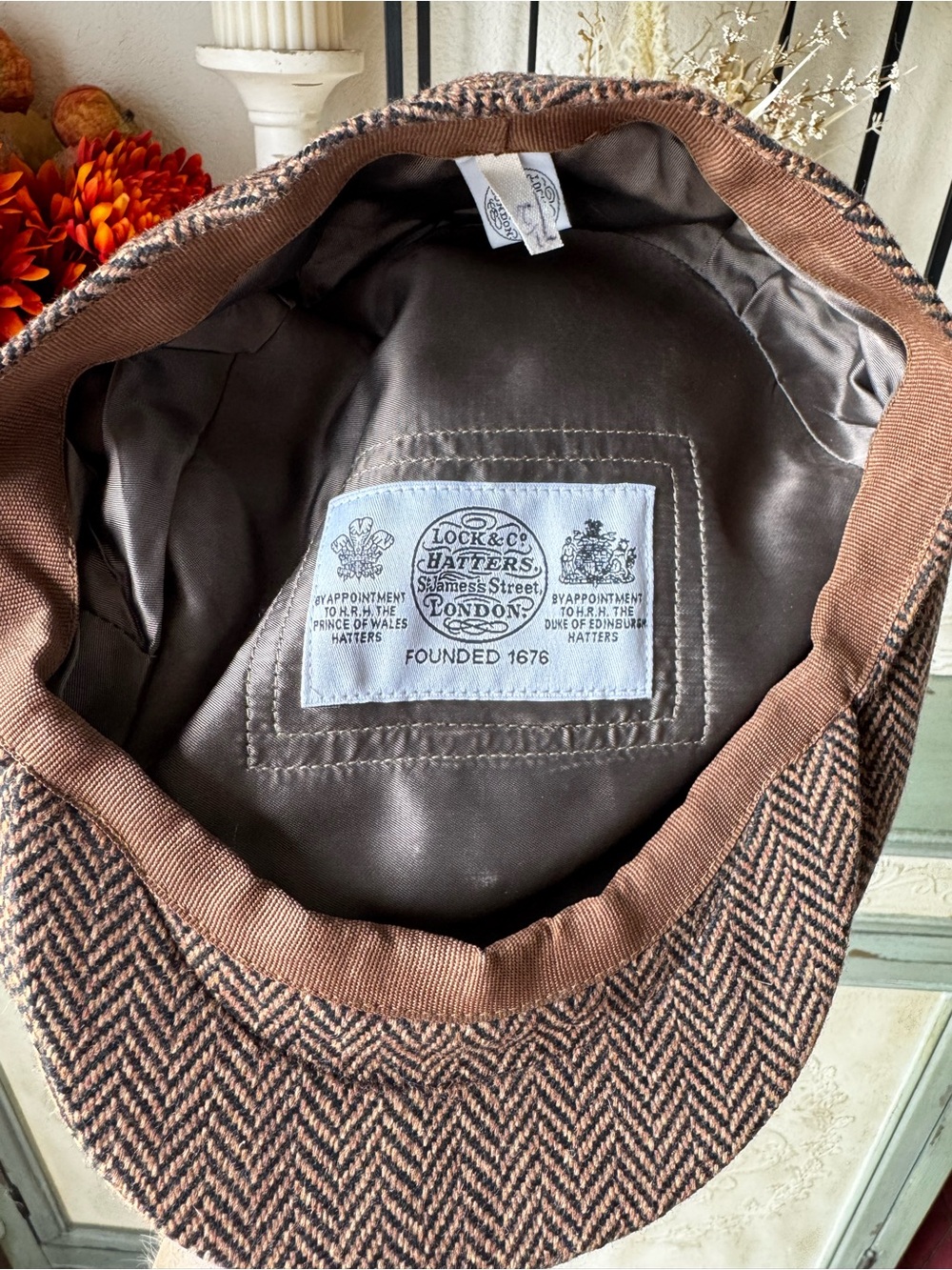 Lock & Co. Brown Herringbone 100% Cashmere Newsboy Cap